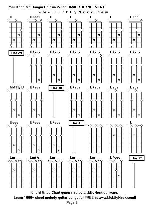 Chord Grids Chart of chord melody fingerstyle guitar song-You Keep Me Hangin On-Kim Wilde-BASIC ARRANGEMENT,generated by LickByNeck software.